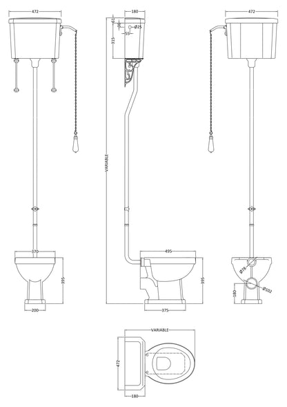 Nuie Carlton High Level Toilet with Cistern & Pipe Kit