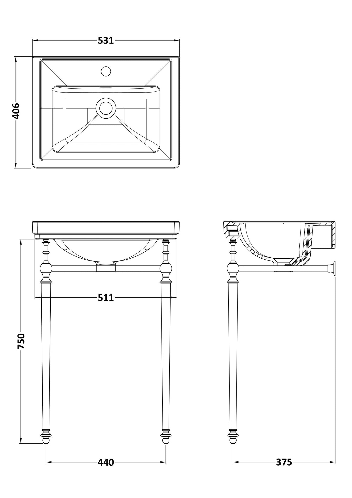 Nuie Carlton 500mm Basin With Traditional Stand