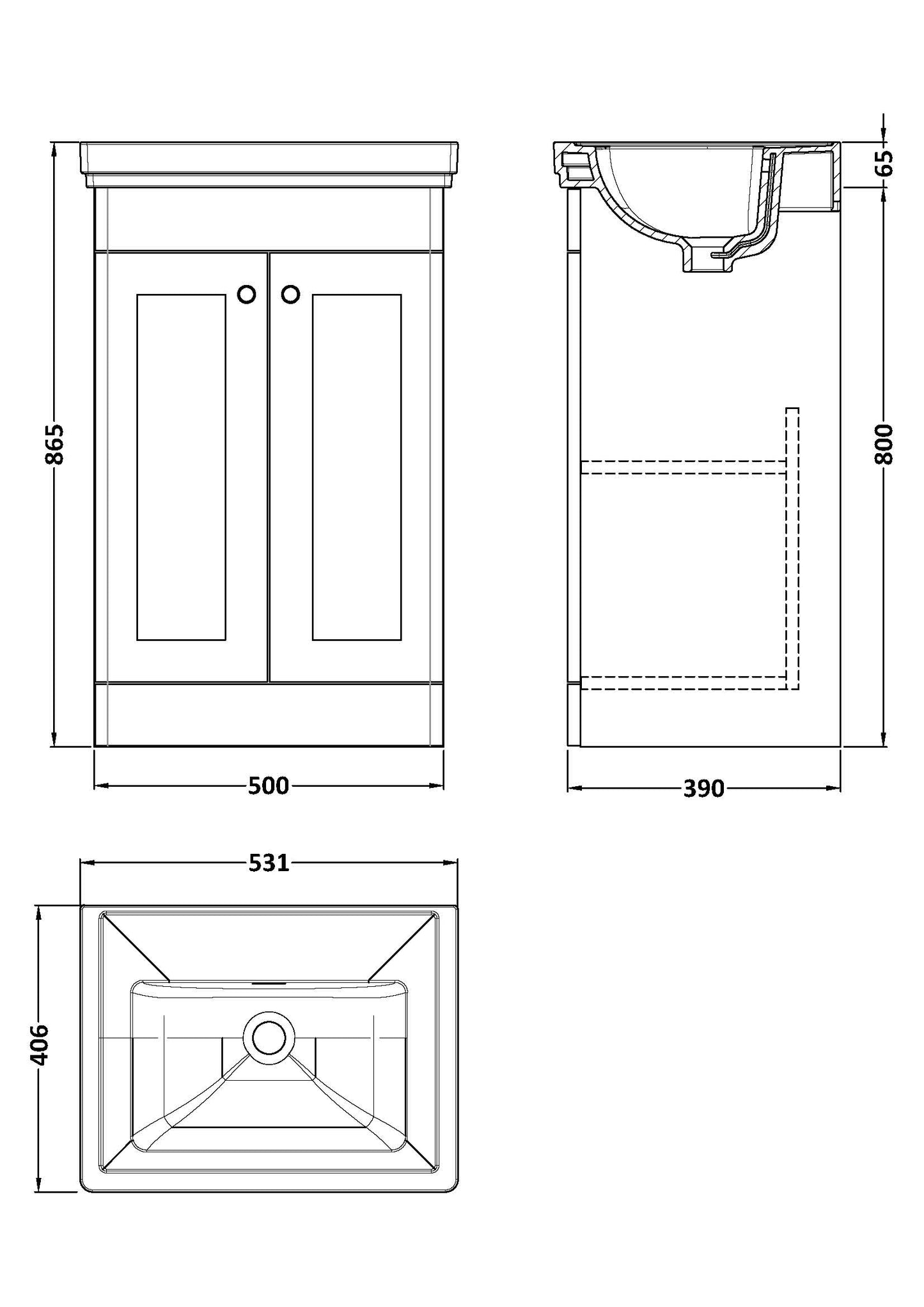 Nuie Classique 500mm Floor Standing 2 Door Vanity & Basin