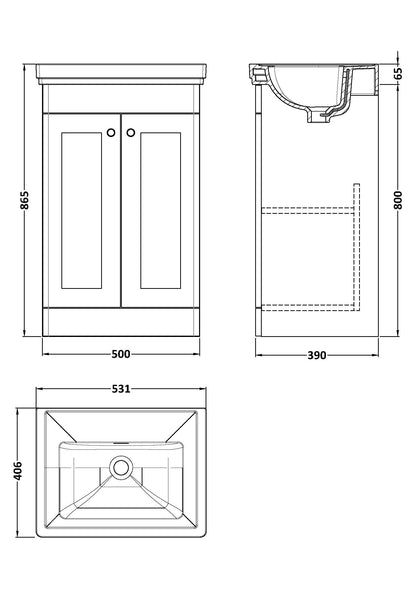 Nuie Classique 500mm Floor Standing 2 Door Vanity & Basin