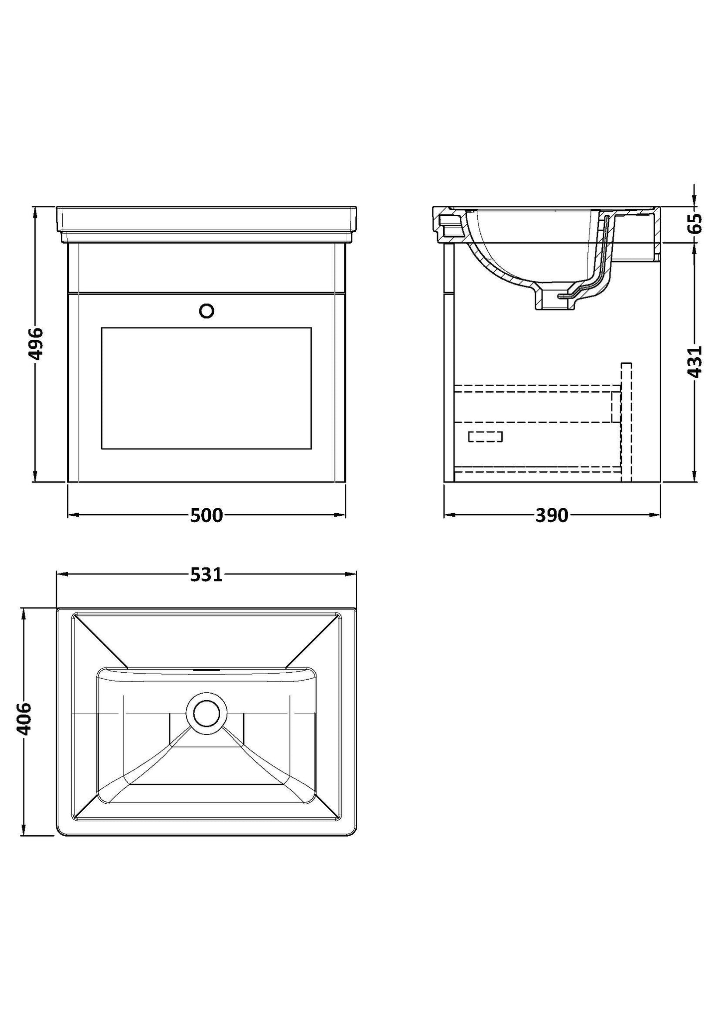 Nuie Classique 500mm Wall Hung 1 Drawer Vanity & Basin