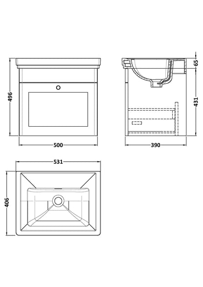 Nuie Classique 500mm Wall Hung 1 Drawer Vanity & Basin