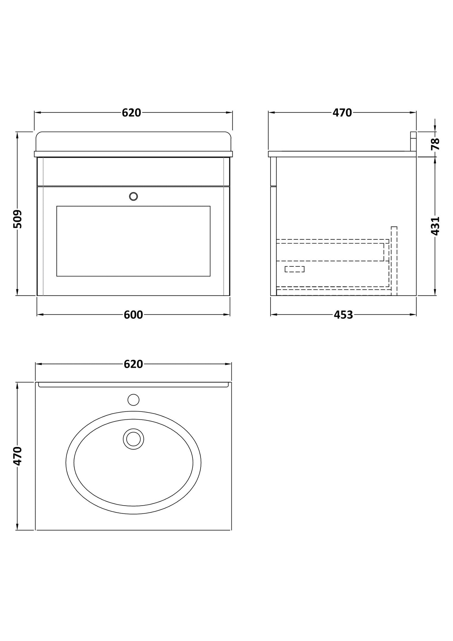 Nuie Classique 600mm Wall Hung 1 Drawer Vanity & Bowl Marble Top