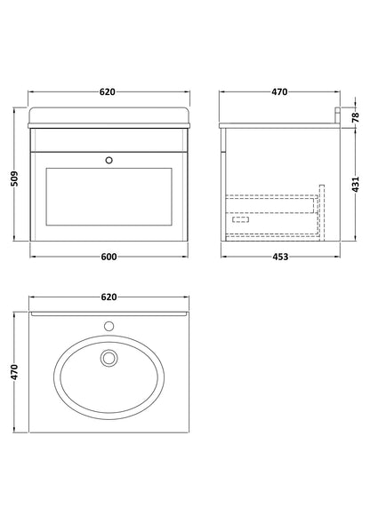 Nuie Classique 600mm Wall Hung 1 Drawer Vanity & Bowl Marble Top