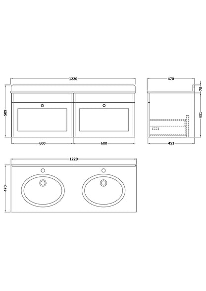 Nuie Classique 1200mm Wall Hung 2 Drawer Vanity & Bowl Marble Top