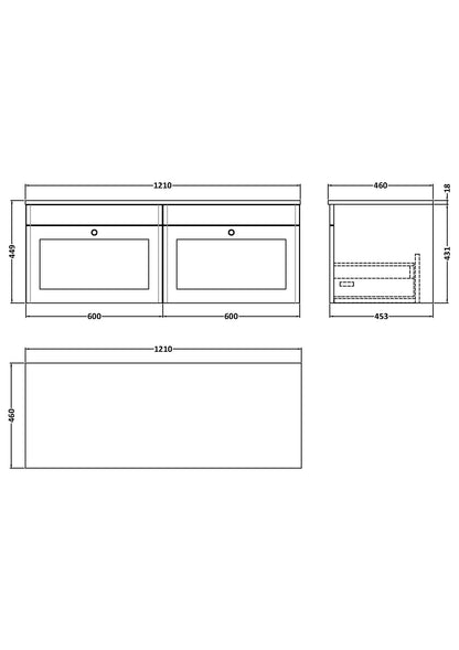 Nuie Classique 1200mm Wall Hung 2-Drawer Vanity with Plain Marble Top