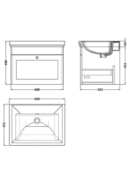 Nuie Classique 600mm Wall Hung 1 Drawer Vanity & Basin