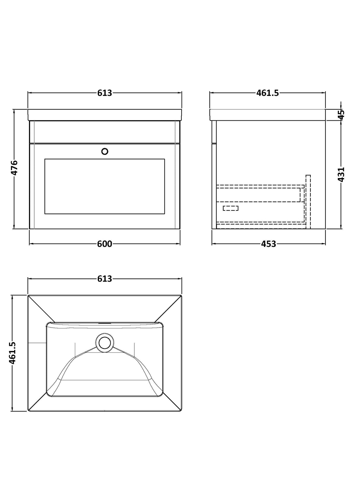 Nuie Classique 600mm Wall Hung 1-Drawer Vanity with Basin