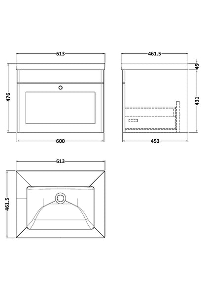 Nuie Classique 600mm Wall Hung 1-Drawer Vanity with Basin