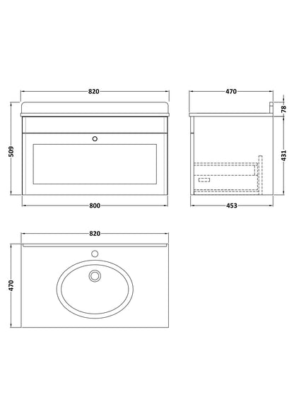 Nuie Classique 800mm Wall Hung 1 Drawer Vanity & Marble Top