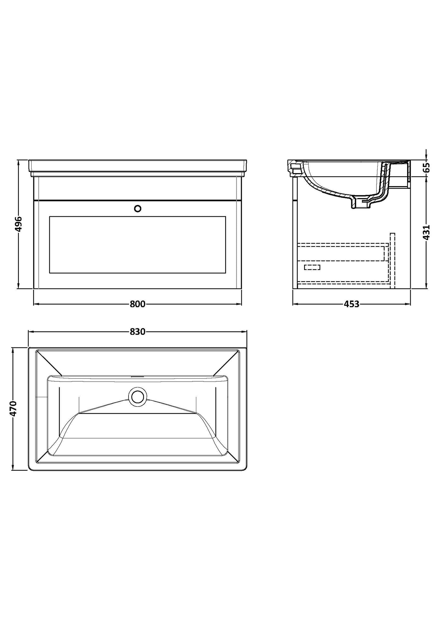 Nuie Classique 800mm Wall Hung 1 Drawer Vanity & Basin