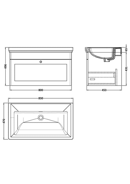 Nuie Classique 800mm Wall Hung 1 Drawer Vanity & Basin