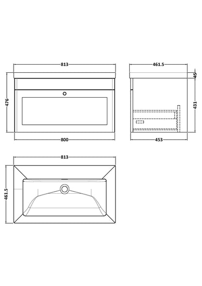 Nuie Classique 800mm Wall Hung 2-Door Vanity with Basin