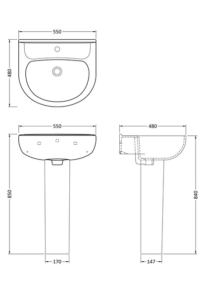 Nuie Lawton 550mm 1TH Basin & Pedestal