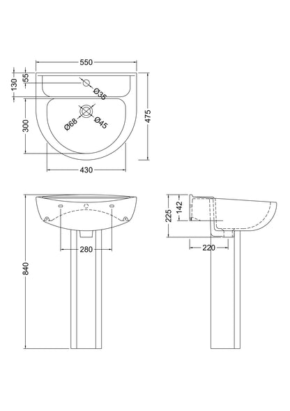 Nuie Melbourne 550mm Basin & Pedestal