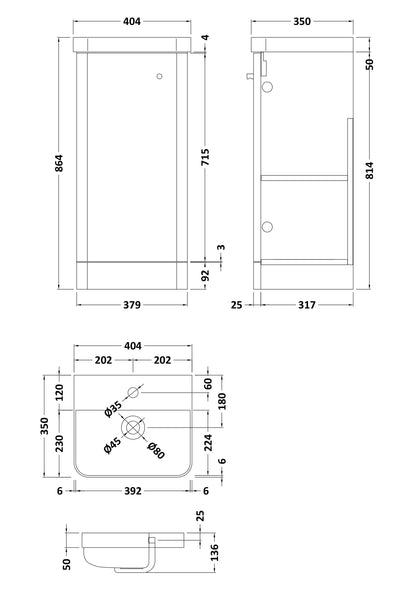 Nuie Core Cloakroom 400mm Floorstanding 1-Door Cabinet with Ceramic Basin