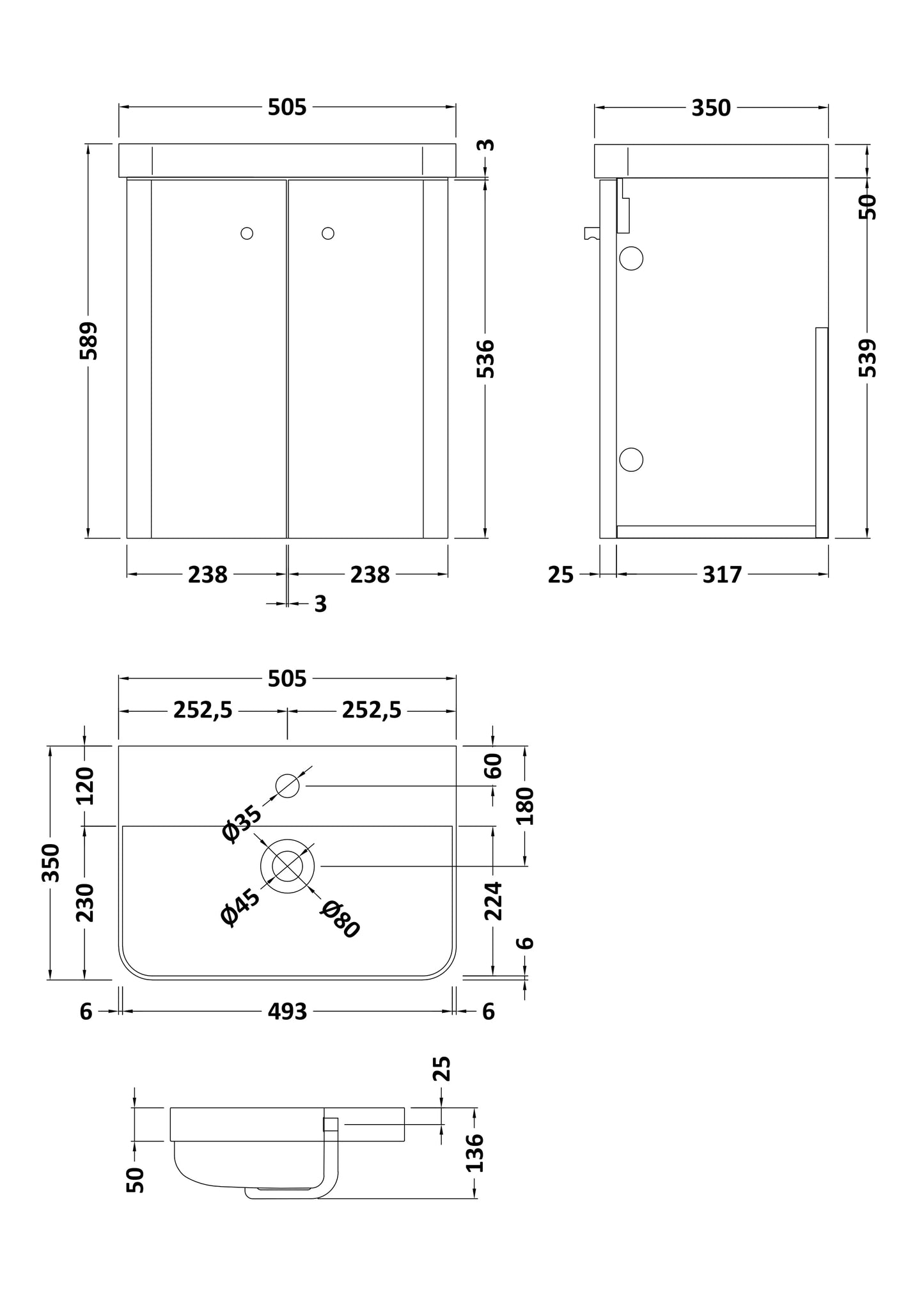 Nuie Core Cloakroom Wall Hung 2-Door Cabinet with Ceramic Basin