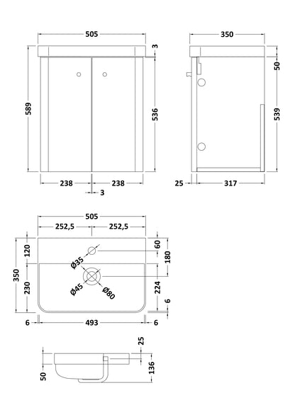 Nuie Core Cloakroom Wall Hung 2-Door Cabinet with Ceramic Basin