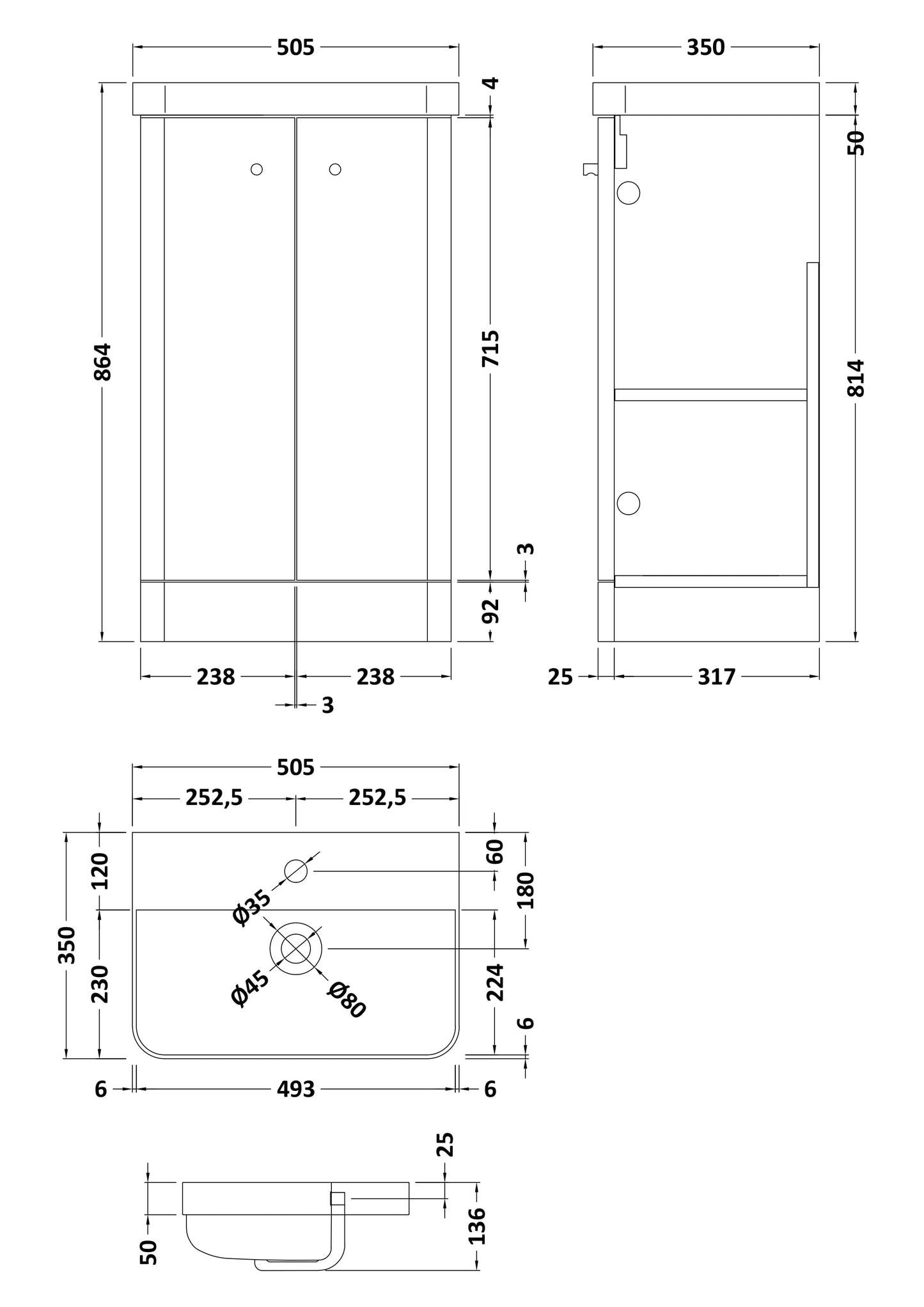 Nuie Core Cloakroom Floorstanding 2-Door Cabinet with Ceramic Basin