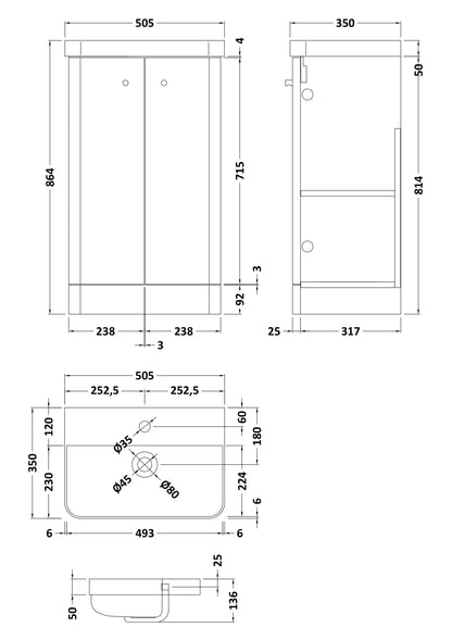 Nuie Core Cloakroom Floorstanding 2-Door Cabinet with Ceramic Basin