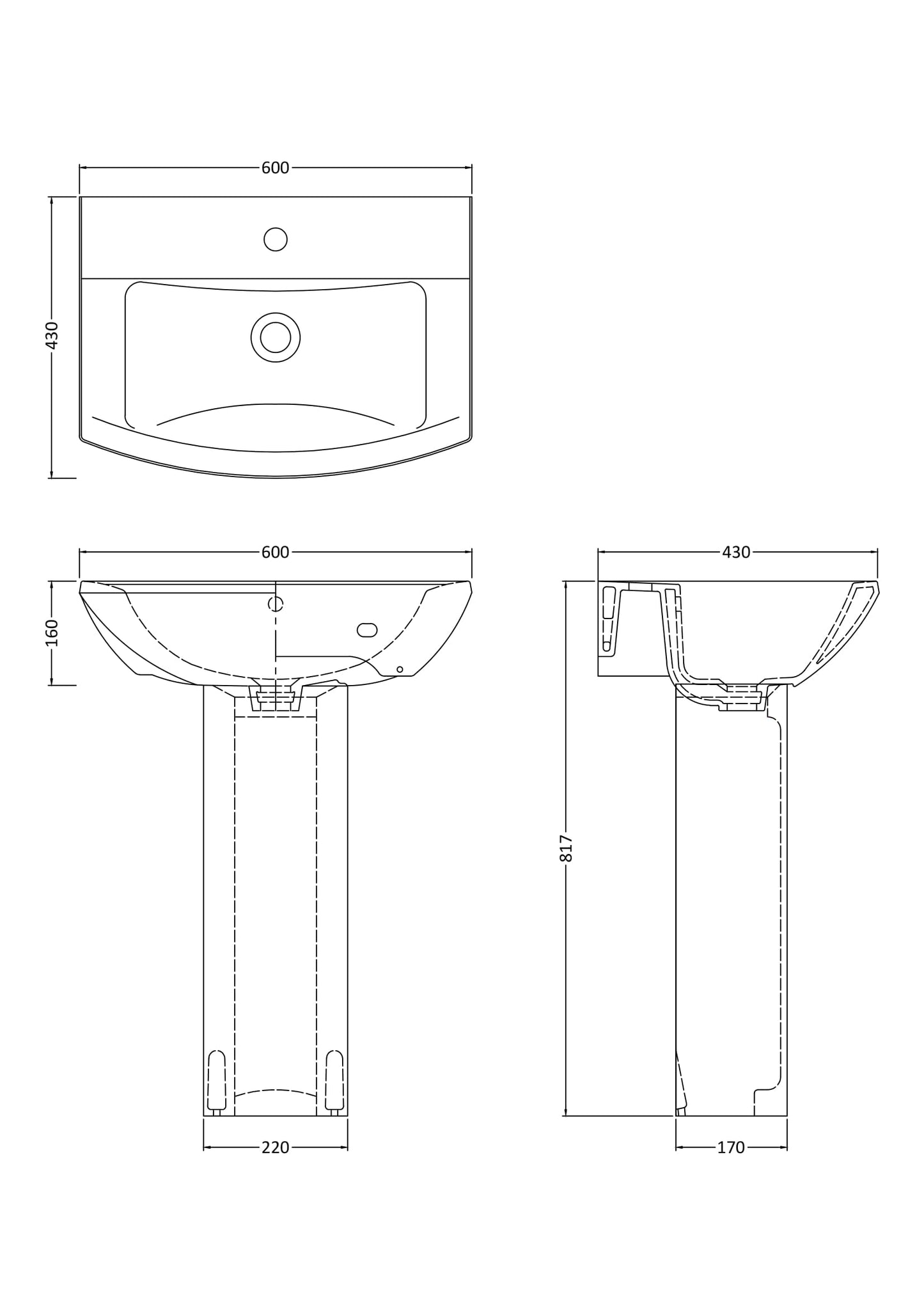 Nuie Asselby 600mm 1TH Basin & Pedestal