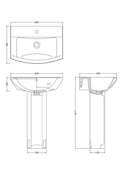 Nuie Asselby 600mm 1TH Basin & Pedestal