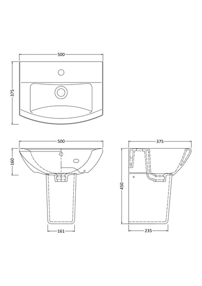 Nuie Asselby 500mm 1TH Basin & Semi Pedestal