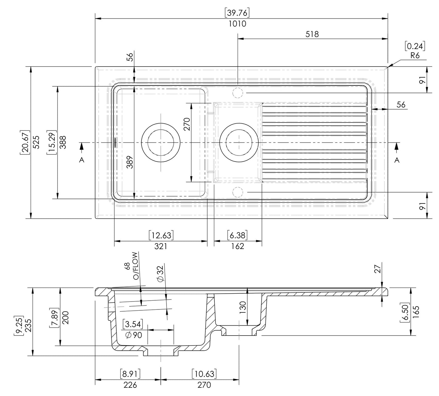 Nuie Counter Top Sink 1010 x 525