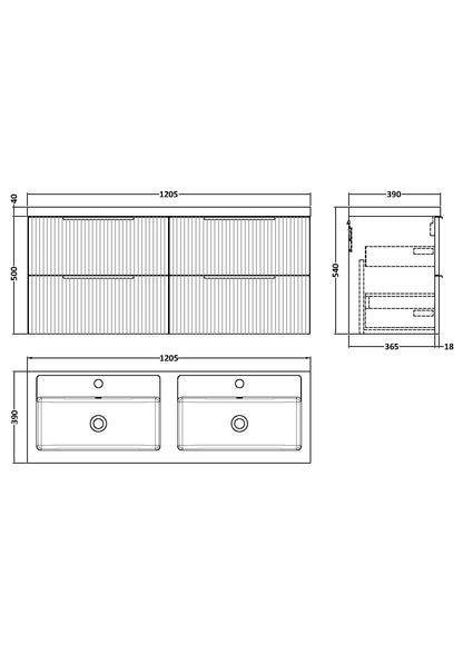 Hudson Reed Fluted Wall Hung 4 Drawer Vanity & Basin/worktop