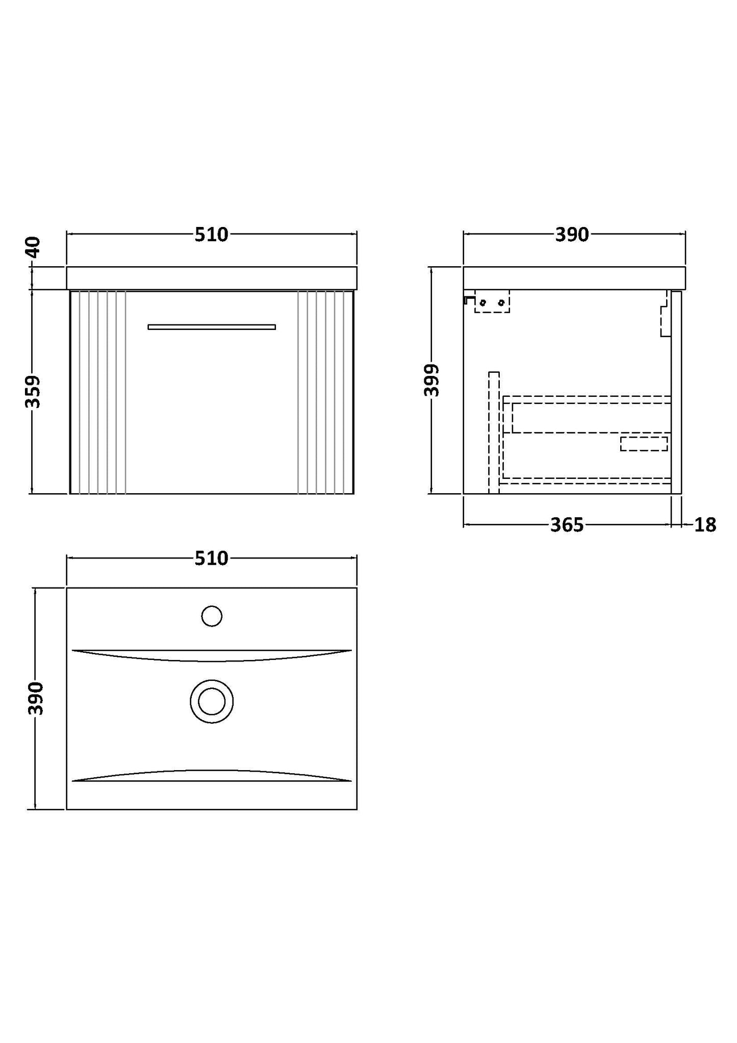 Nuie Deco 500mm Wall Hung Single Drawer Vanity & Basin