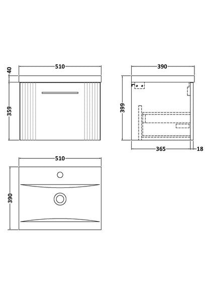 Nuie Deco 500mm Wall Hung Single Drawer Vanity & Basin