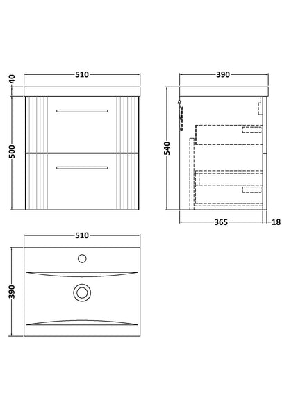 Nuie Deco 500mm Wall Hung 2 Drawer Vanity & Basin