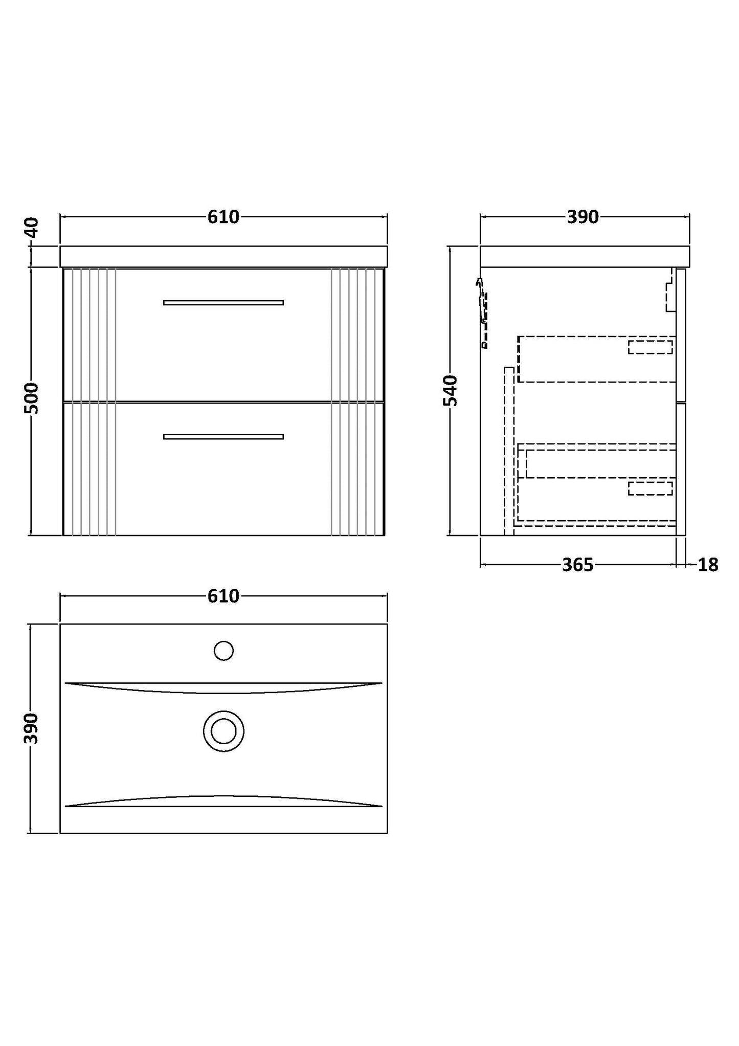 Nuie Deco 600mm Wall Hung 2 Drawer Vanity & Basin