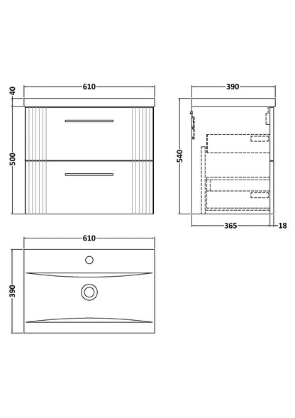 Nuie Deco 600mm Wall Hung 2 Drawer Vanity & Basin