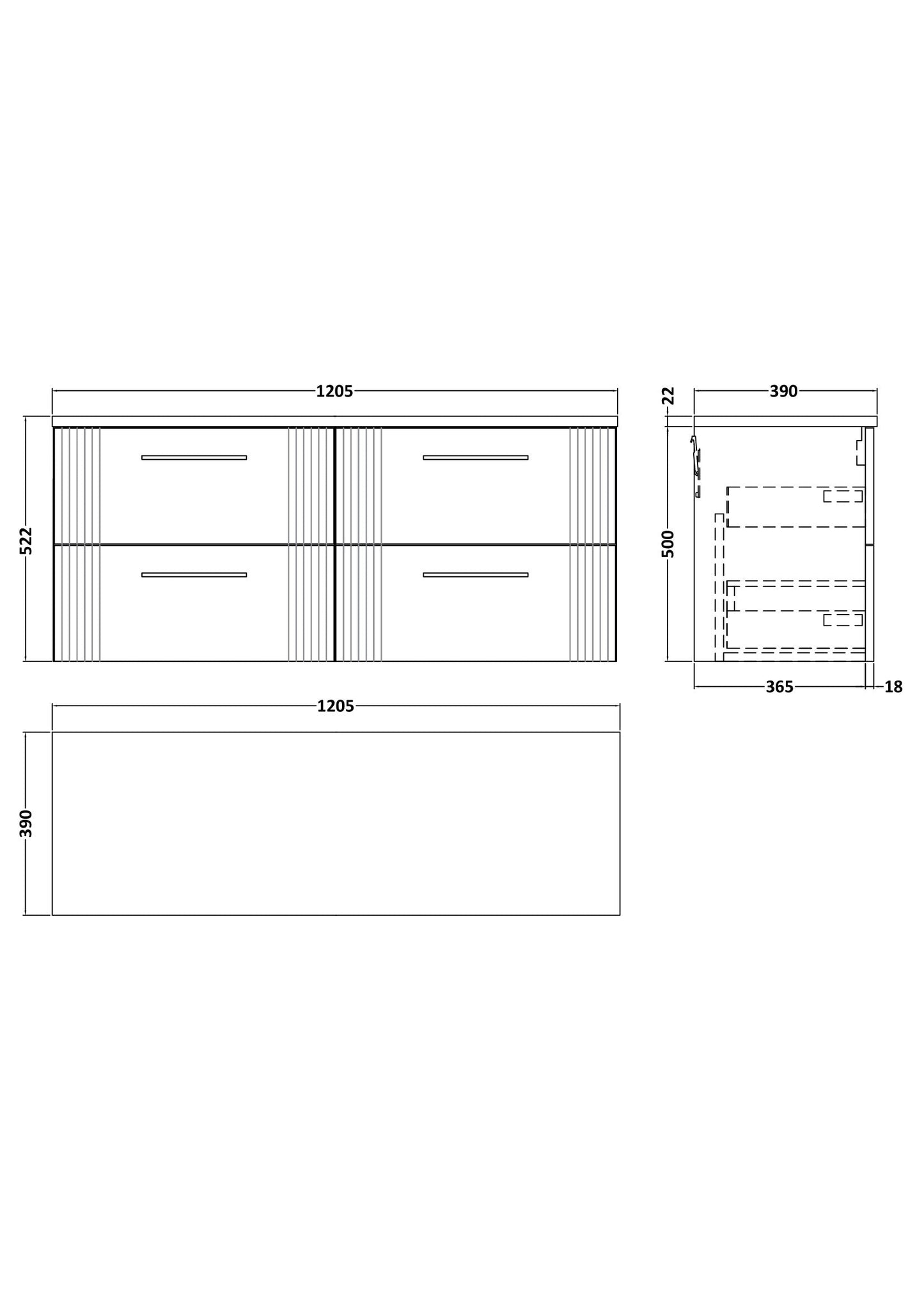 Nuie v1200 Wall Hung 4-Drawer Vanity & Basin/Worktop