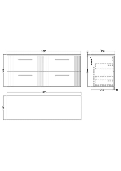 Nuie v1200 Wall Hung 4-Drawer Vanity & Basin/Worktop