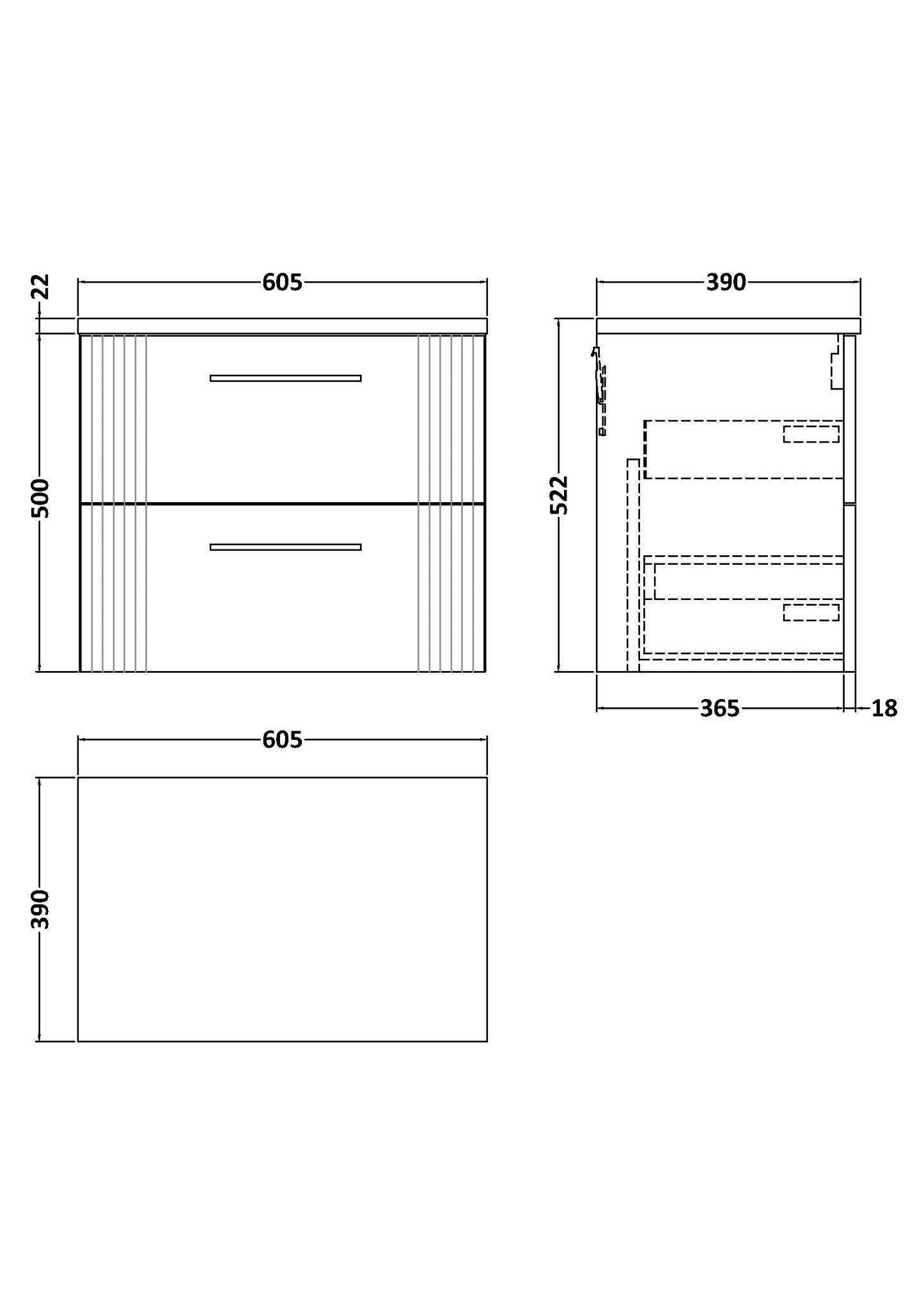 Nuie Deco 600mm Wall Hung 2 Drawer Vanity & Worktop