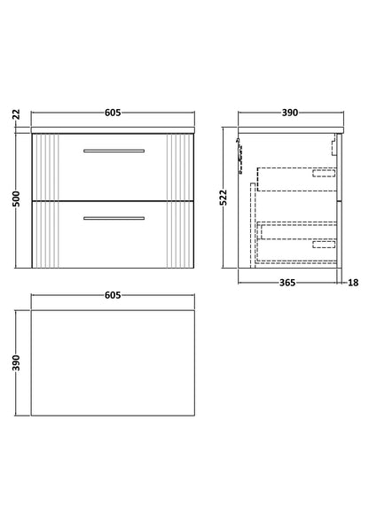 Nuie Deco 600mm Wall Hung 2 Drawer Vanity & Worktop