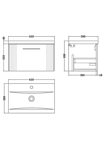 Nuie Deco 600mm Wall Hung Single Drawer Vanity & Basin