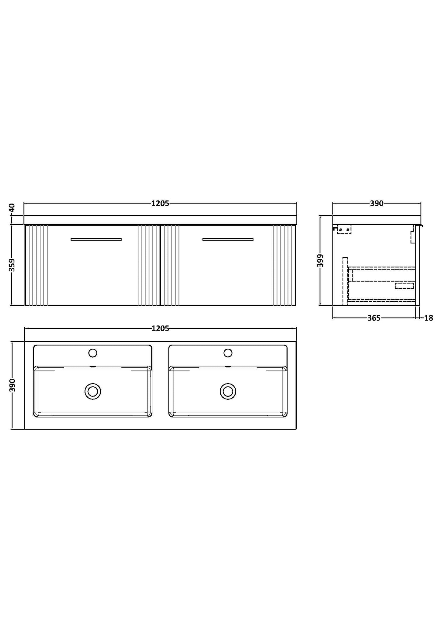 Nuie Deco 1200mm Wall Hung 2 Drawer Vanity & Basin/Worktop