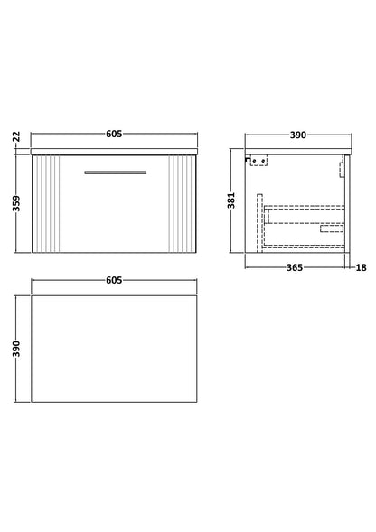 Nuie Deco 600mm Wall Hung Single Drawer Vanity & Worktop