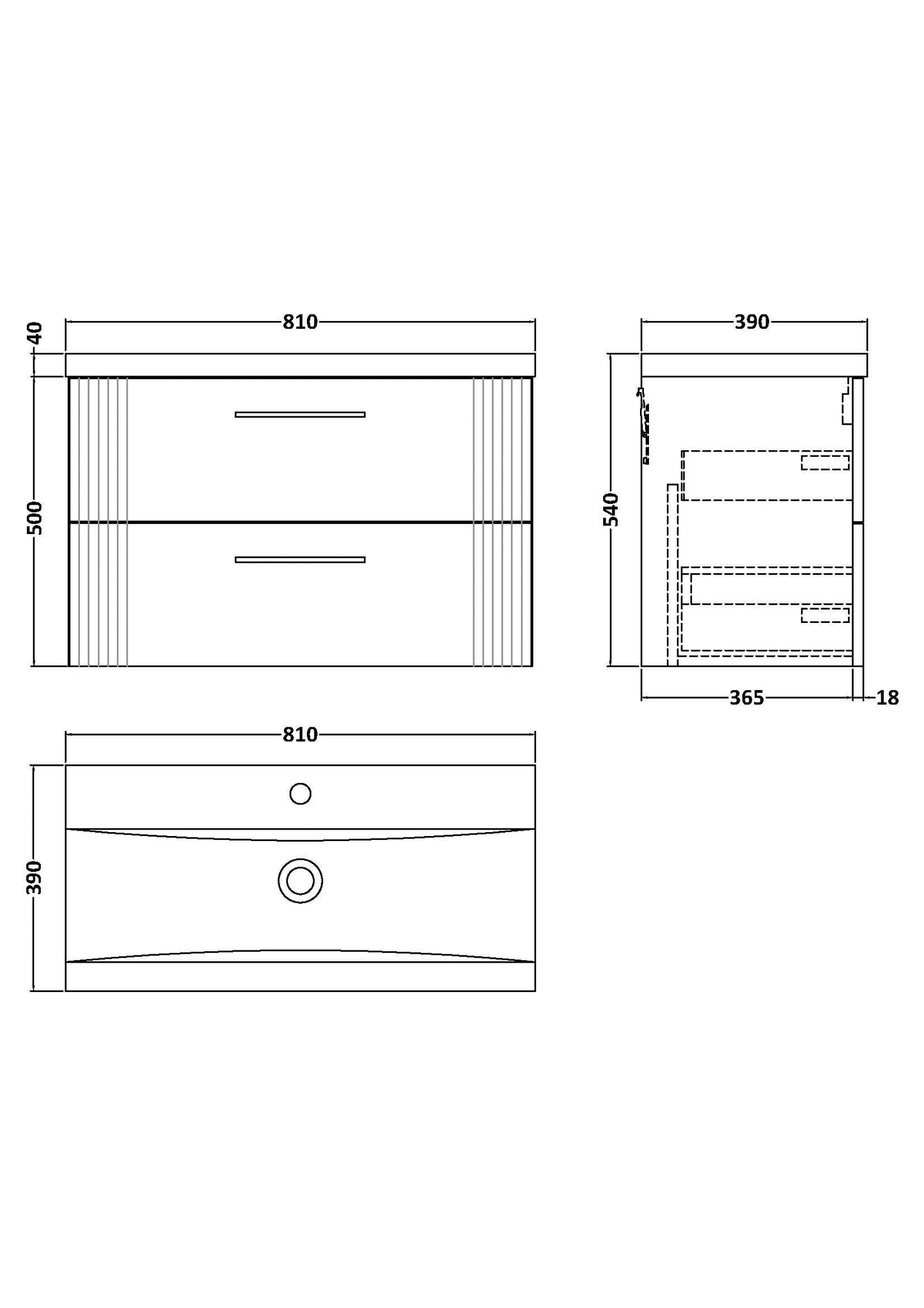 Nuie Deco 800mm Wall Hung 2 Drawer Vanity & Basin/Worktop