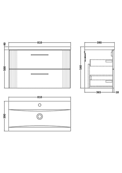 Nuie Deco 800mm Wall Hung 2 Drawer Vanity & Basin/Worktop