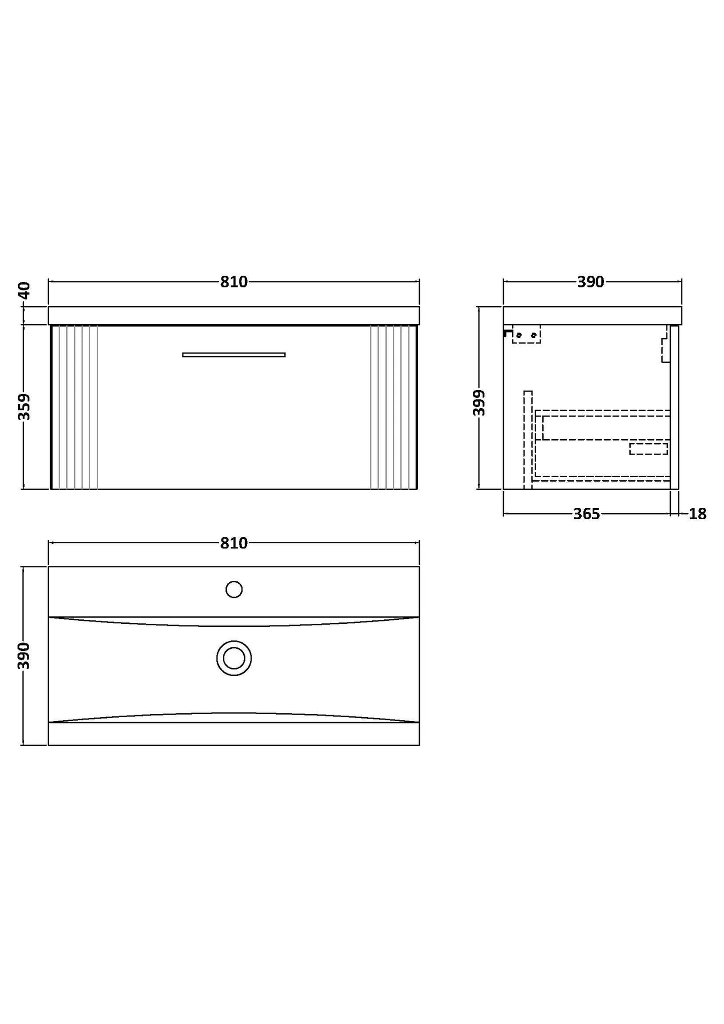 Nuie Deco 800mm Wall Hung Single Drawer Vanity & Basin/Worktop