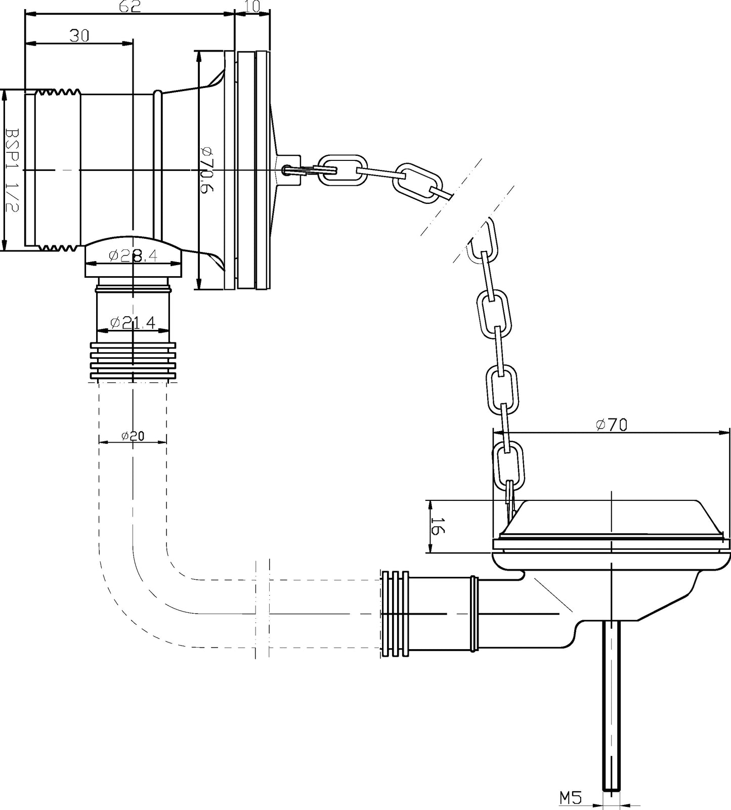 Hudson Reed Extended Retainer Bath Waste with Overflow, Plug & Chain - Baths up to 20mm thick