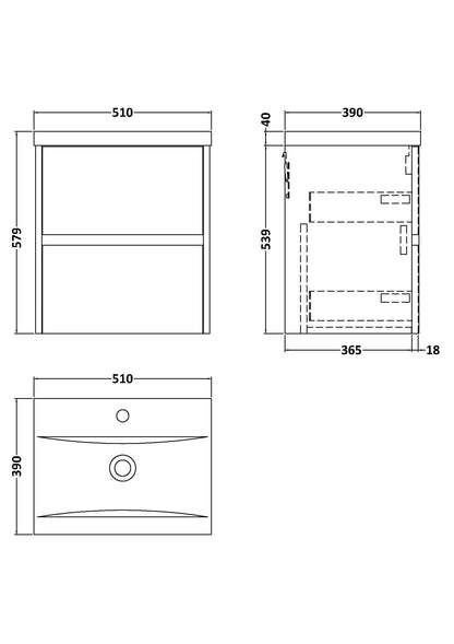 Nuie Havana 500mm Wall Hung 2 Drawer Unit & Basin