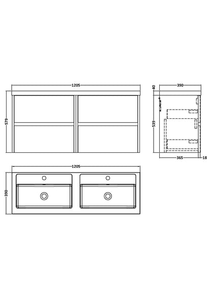 Nuie Havana 1200mm Wall Hung 4 Drawer Unit & Basin/Worktop