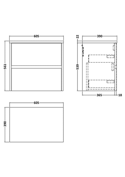 Nuie Havana 600 Wall Hung 2-Drawer Unit & Basin/Worktop