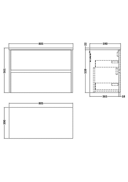 Nuie Havana 800 Wall Hung 2-Drawer Unit & Basin/Worktop