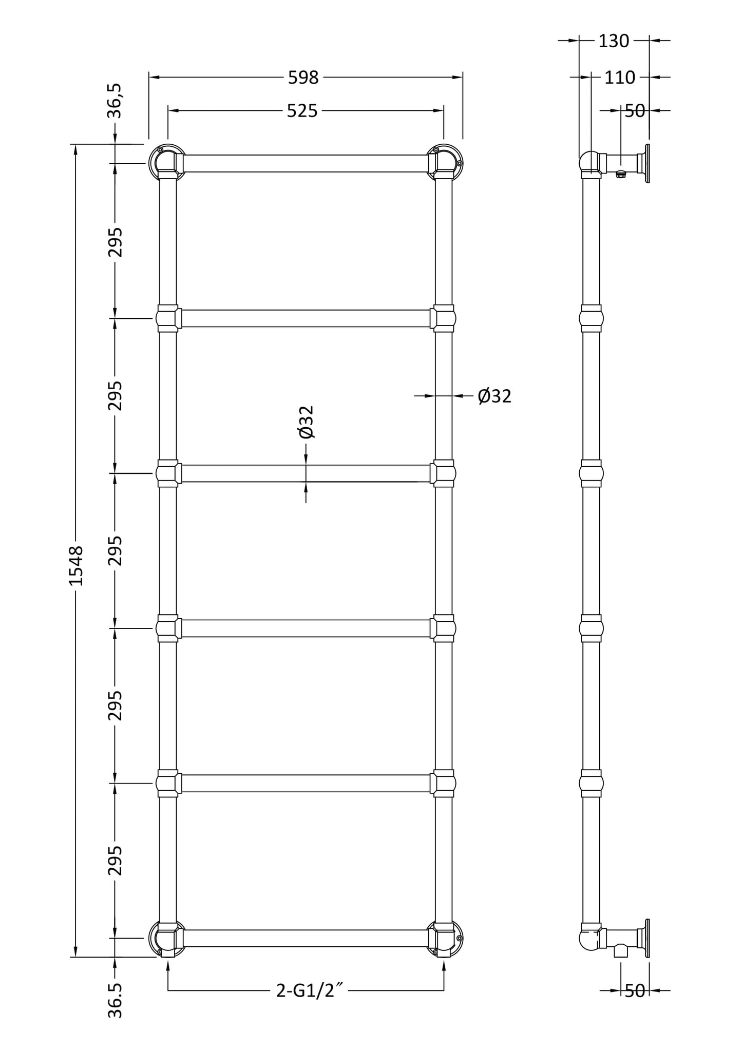 Hudson Reed Old London Countess Wall Mounted Towel Rail - Chrome